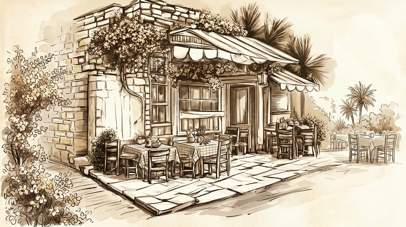 Hand-drawn illustration of the Koutouki GiaMas taverna patio on the Danforth